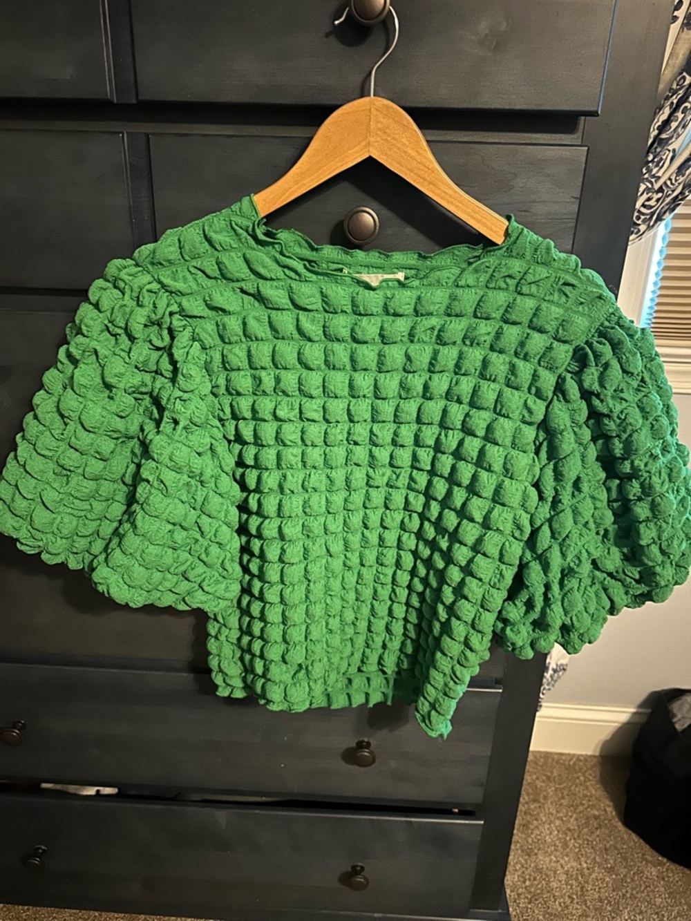 Green Textured Puff-Sleeve Women's Top